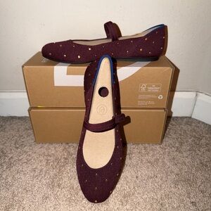 Women's Burgundy Mary Jane Ballet Flats with Gold Dot Accents